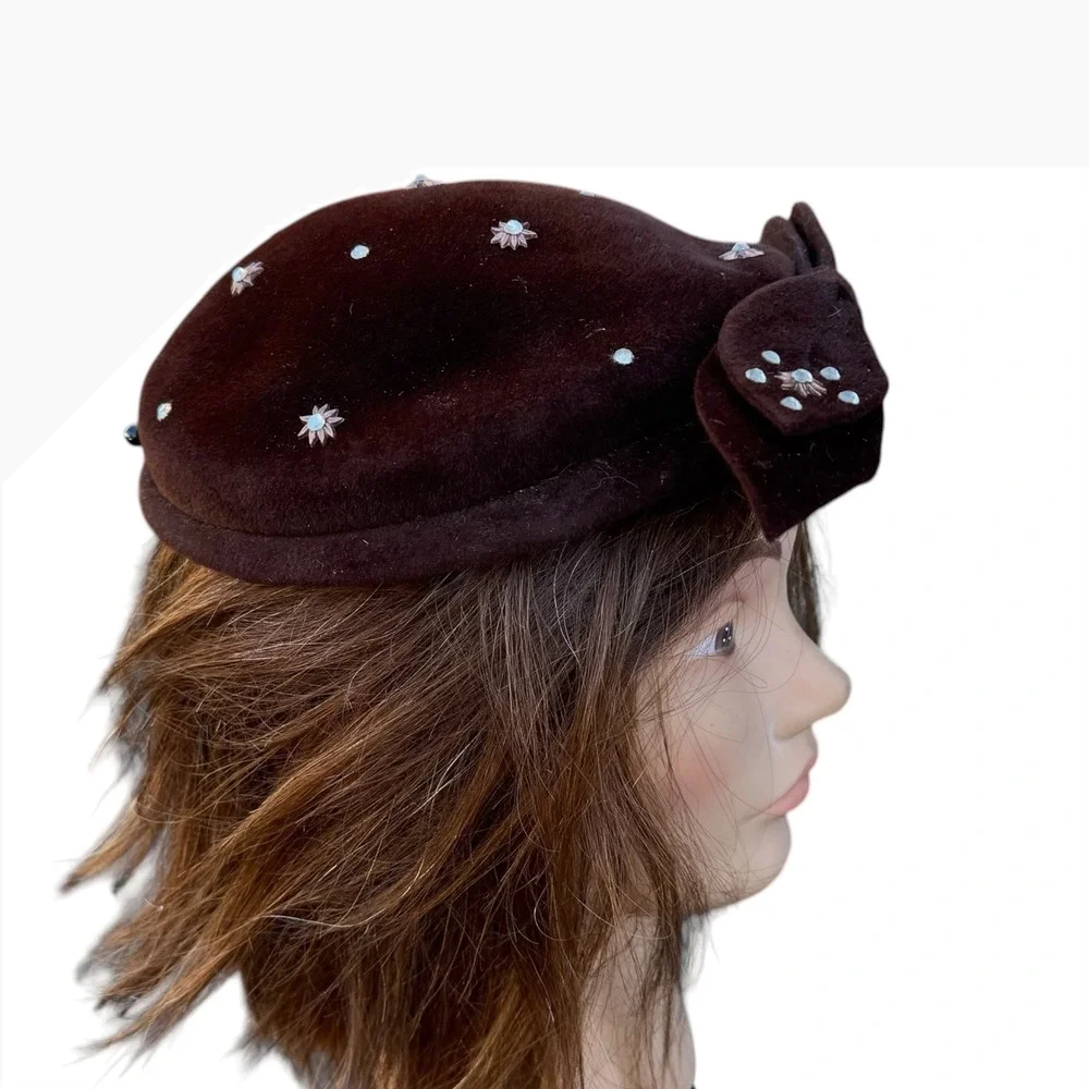 Vintage Brown Velvet Pillbox Hat Rhinestone Starburst Bow Cocktail Fascinator